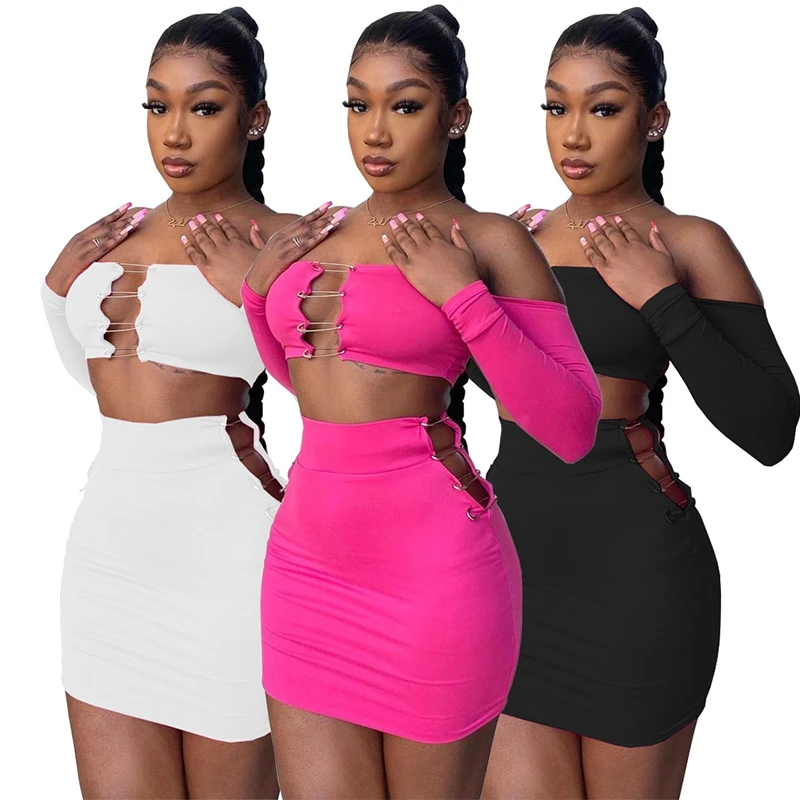 

Fashion 2 Two Piece Sets Summer Solid Long Off The Shoulder Bandage Crop Top And Hollow Out Mini Skirt Club Matching Set