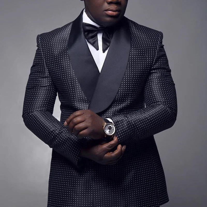 Мужские костюмы в черную клетку горошек с двубортным рядом пуговиц для свадьбы