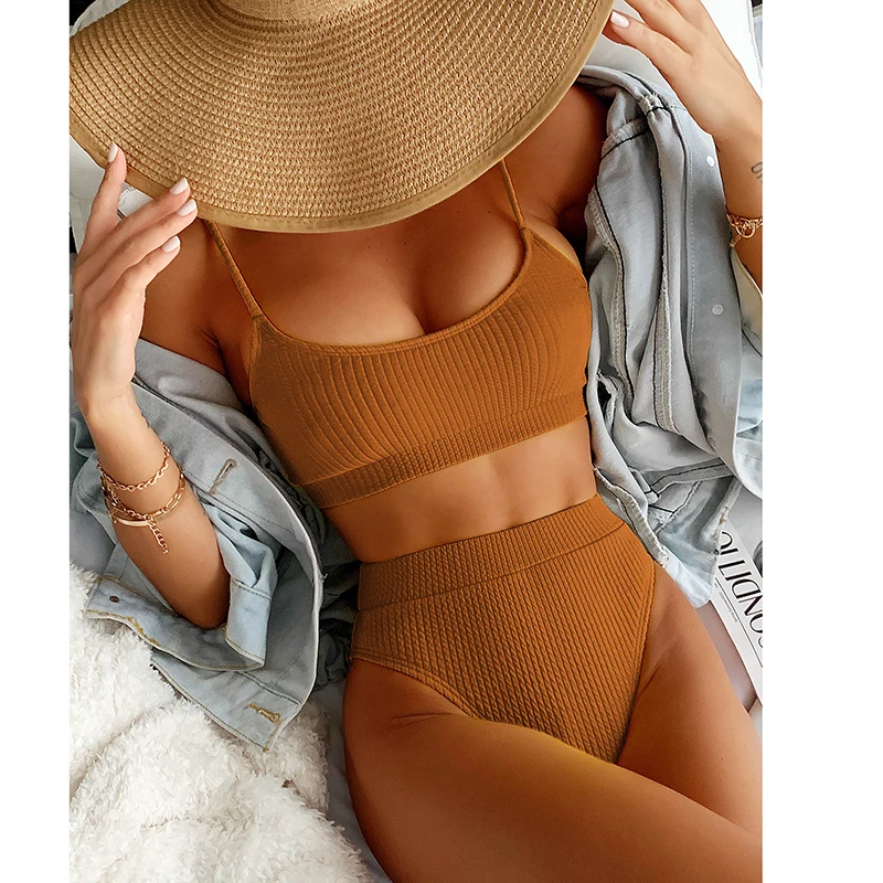 

Купальник женский, однотонный, с высокой талией, пуш-ап