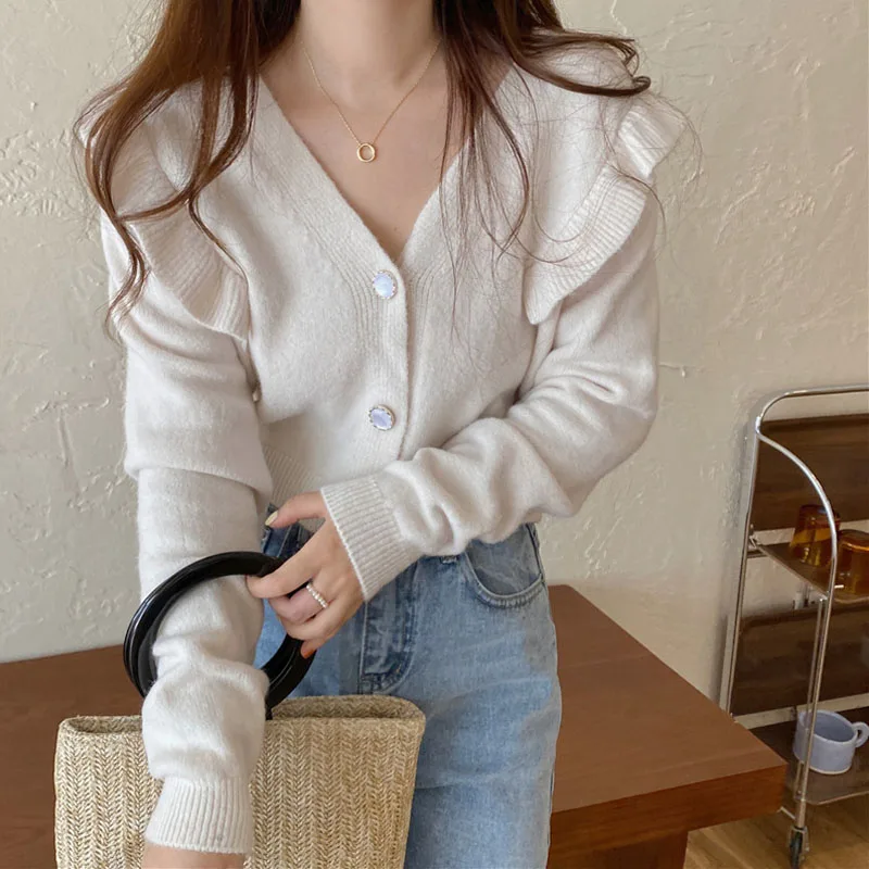 

Новинка 2021, женские пуговицы на осень и зиму для свитера, кардиганы, винтажные Корейские вязаные модные элегантные женские топы с оборками