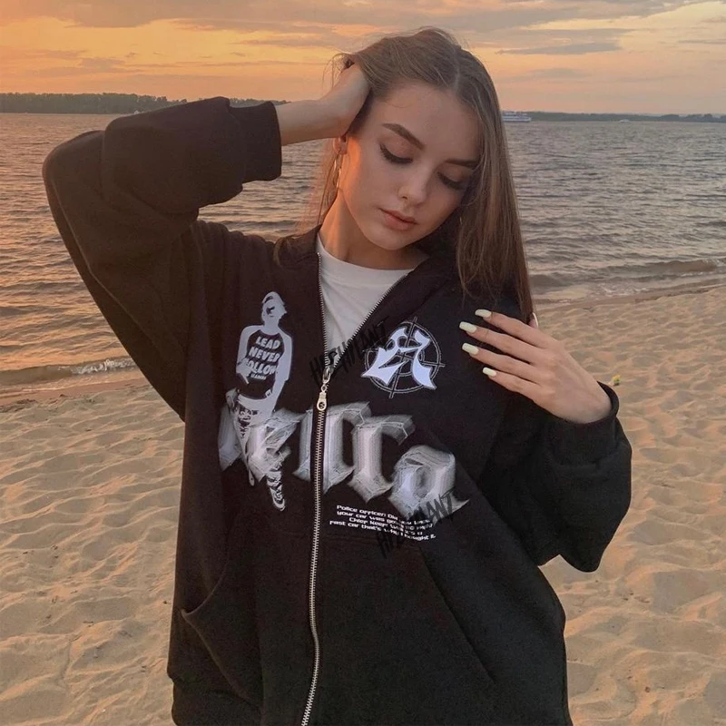 

Women sweatshirt Oversized Hoodies Women Jacket letter Print Coat Goth Harajuku Y2k aesthetic Clothes grunge Punk Jacket Zip-up