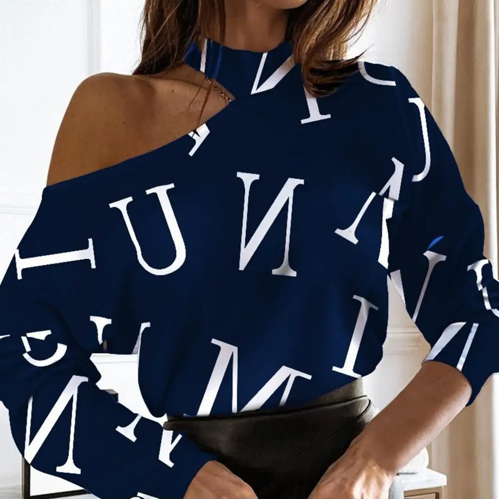 

Blouse Women Shirts 2022 Women Top Autumn Long Sleeve Office Blouses Letter Print Off Shoulder Casual Irregular Lady Blouse 4XL