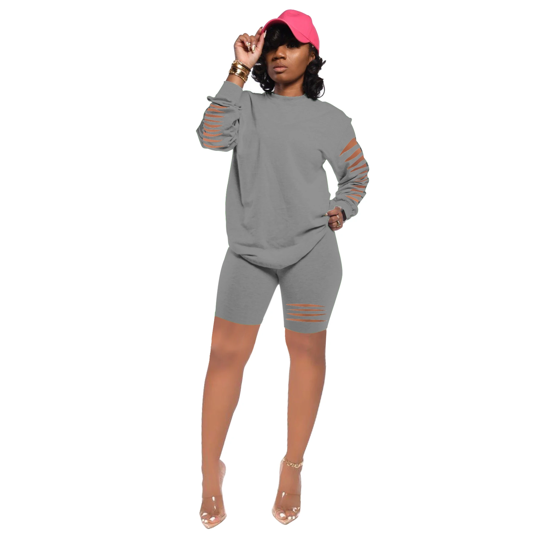 

New Arrival 2021 Cute Women Biker Short Sets Workout Two Piece Hollow Out Long Sleeve Crew Neck Sweatshirt 2-Piece Running Set