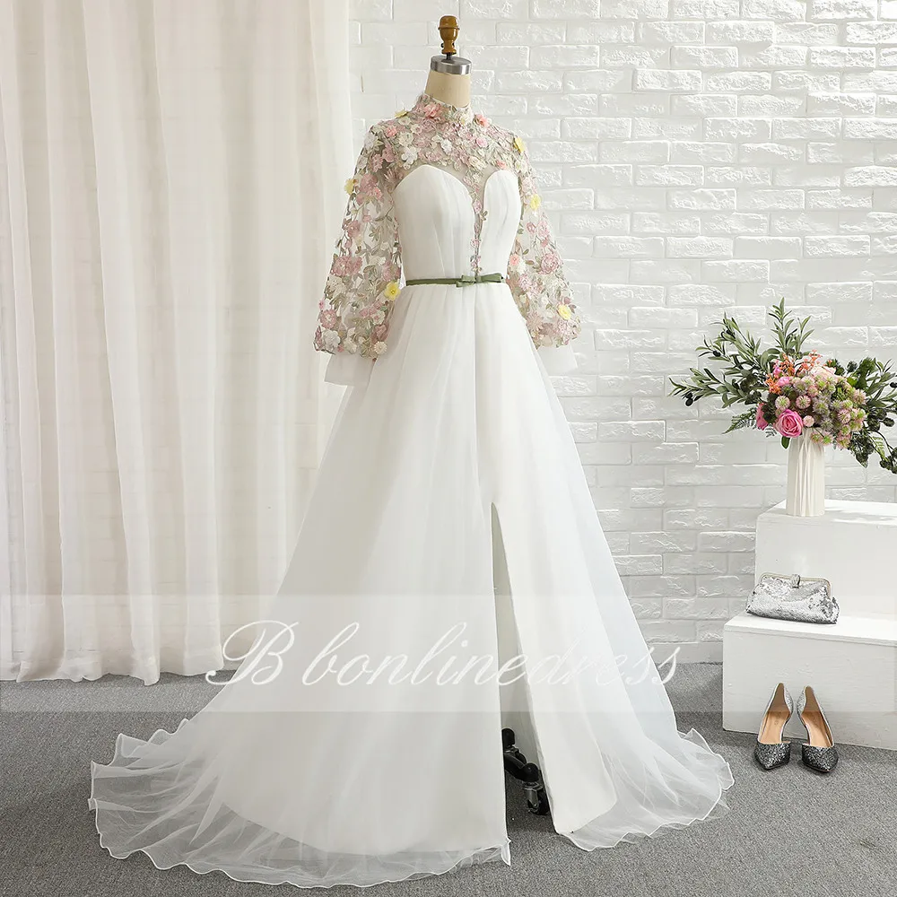 vestidos White Prom Dresses 2020 High Collar Long Evening Dress 3D Flower Split Formal Party Gowns robe de soiree Plus Size | Свадьбы и