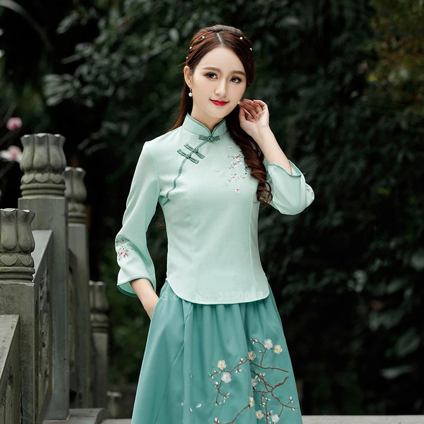 Женское платье Ципао Древний китайский топ Чонсам с вышивкой льняная юбка