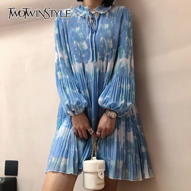 Женские плиссированные платья с принтом TWOTWINSTYLE Летнее мини-платье круглым
