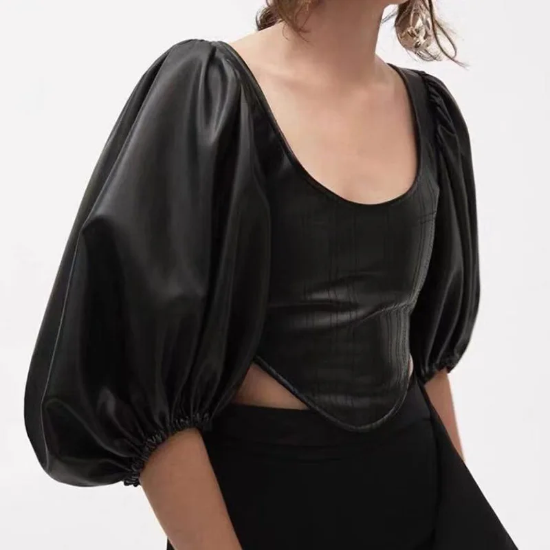 Корейский Tumblr 2019 хит продаж Одноцветный женский топ из искусственной кожи с