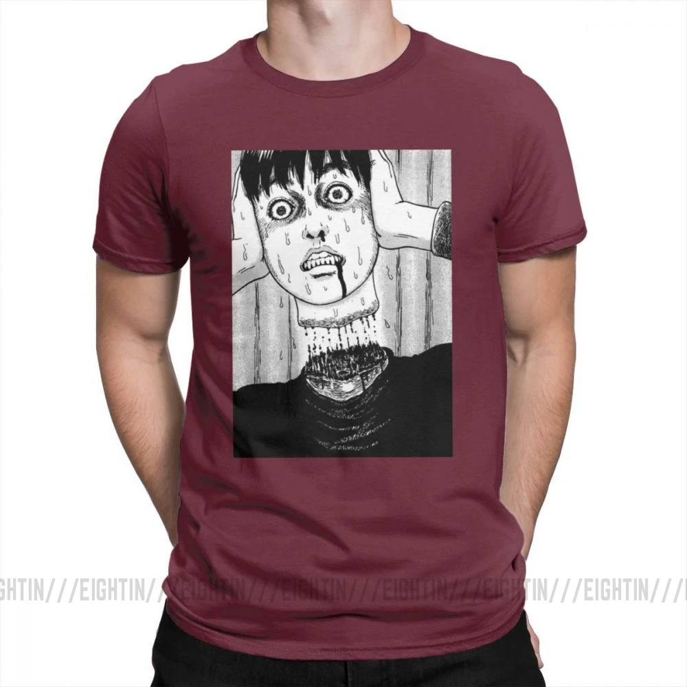 Футболка с воротником под горло HoJunji Ito для Хэллоуина; стильные мужские футболки с короткими рукавами и круглым вырезом; одежда из чистого хлопка; футболки с принтом - Цвет: Burgundy