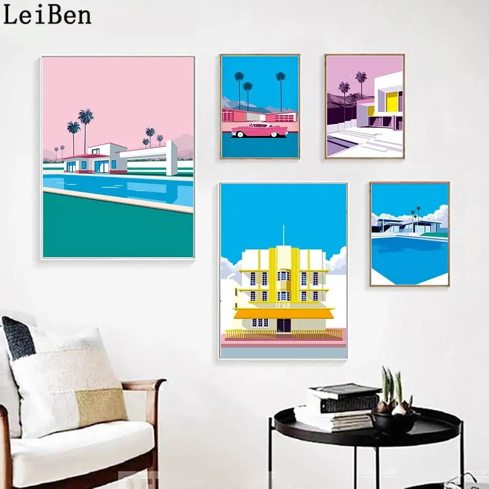 

Color Palm Spring Poster California West Coast Print Boho Canvas Painting Modern Architecture Villa Pictures Bedroom Wall Decor