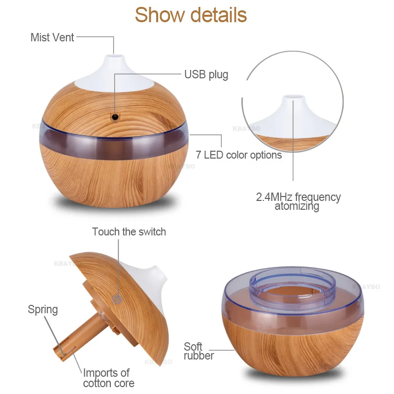 

KBAYBO 300ml Mini USB Air Humidifier essential Oil Diffusers Wood Electric humidifier with LED night light mist maker for Home