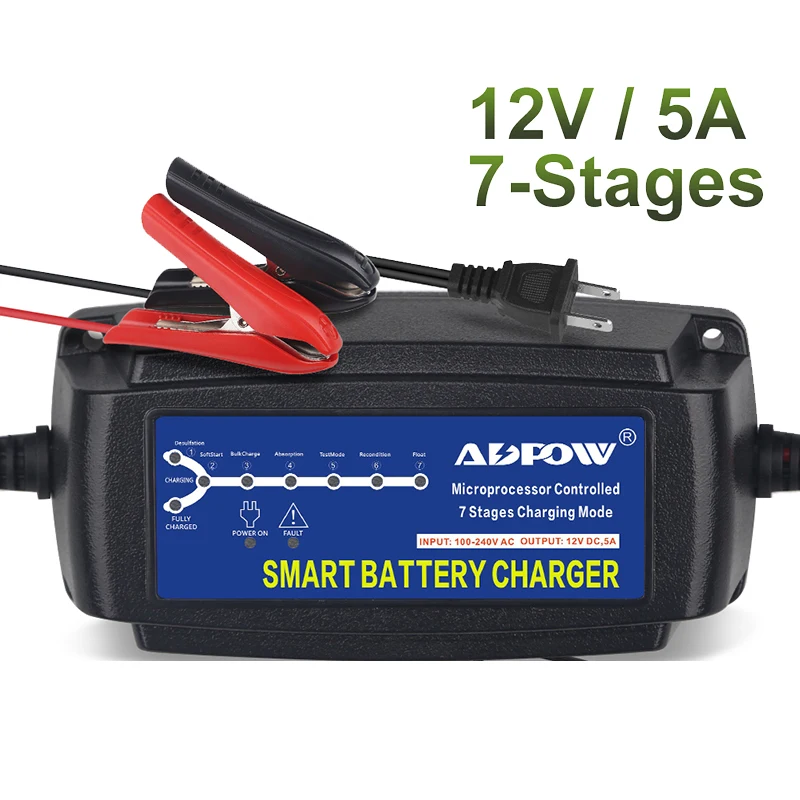 

12v 5A 7 Stages Car Battery Charger Smart 15Ah To 120Ah For Lead Acid AGM Gel Wet Battery Charging Maintainer Automatic 100-240V
