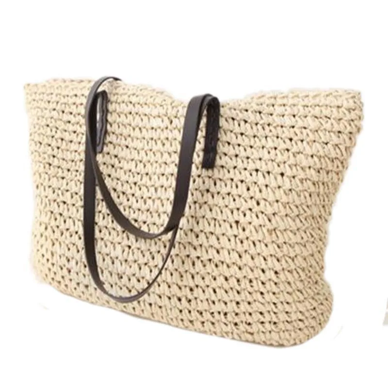 

Hot Fashion Simple Hollow Beach Bags Women Straw Bag Vintage Wild Knitted Big Tote Bags Shoulder Bags