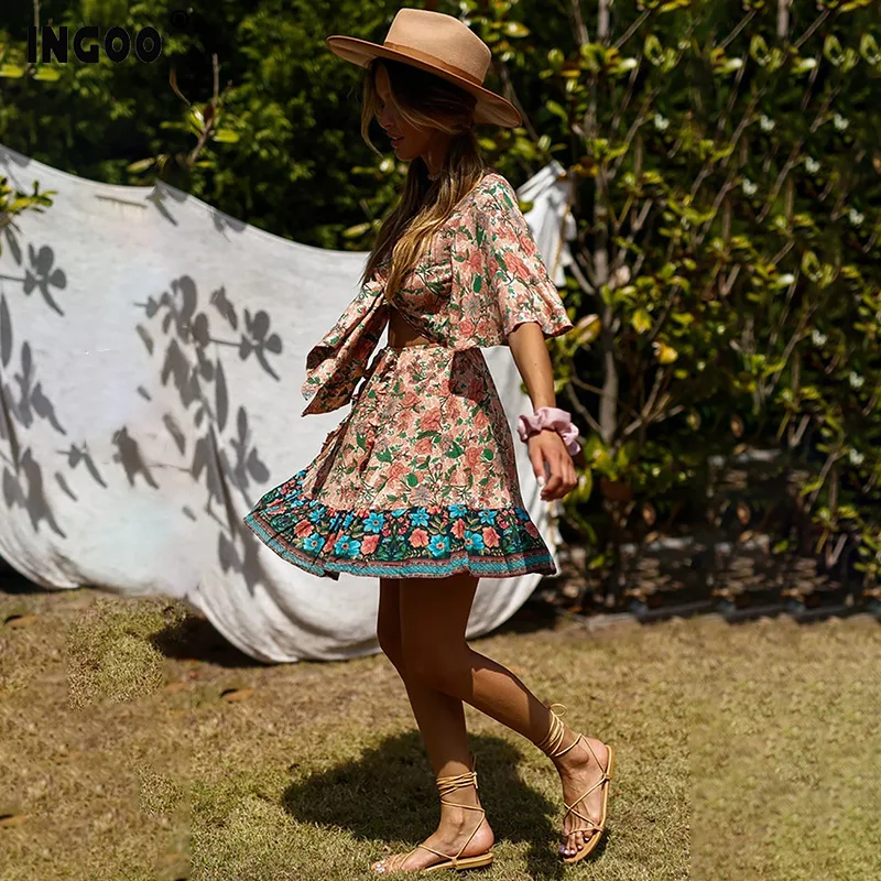 Женское платье INGOO в богемном стиле с коротким рукавом и расклешенным пупком лето