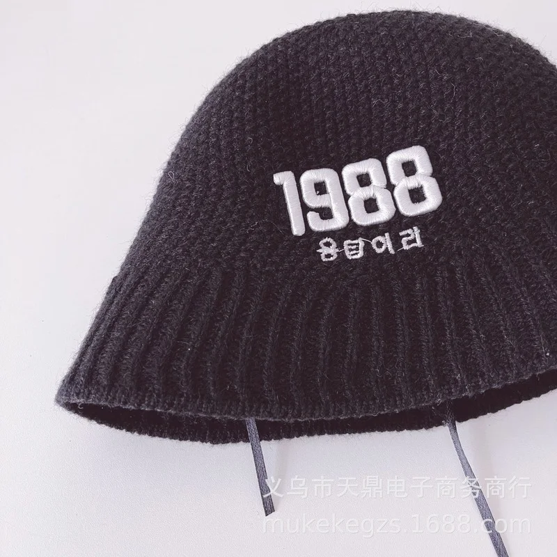 

College Style Cream Color Children Knitted Bucket Hat Cute Baby Big Edge Digital Embroidery Fisherman Hat Basin Hats