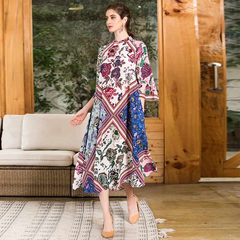 

White Chiffion Print Large Floral Summer Girls Dresses Women Long Casual Sexy Office Work Robe Femme Bohemian Dress Plus Size
