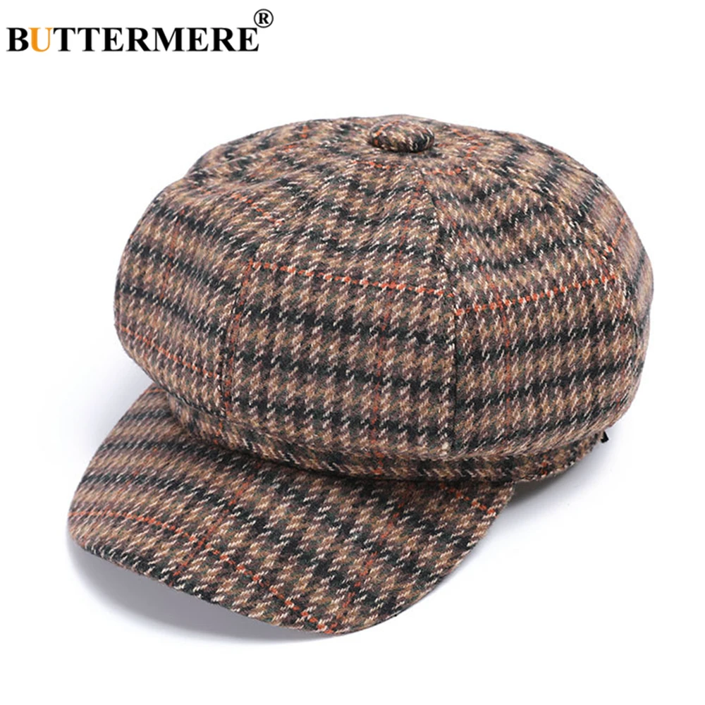 

BUTTERMERE Women Newsboy Cap Wool Coffee Plaid Tweed Gabby Baker Boy Cap Autumn Winter Retro Woolen Female Beret
