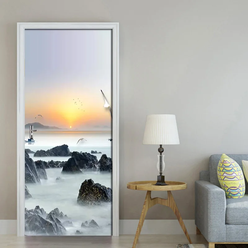 ПВХ самоклеющиеся 3D наклейки на дверь восходящие солнечные чернила пейзаж DIY