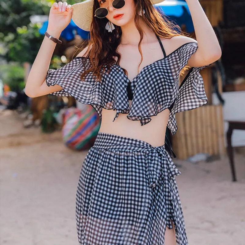 

Bikini Sets Women 3 Pieces Plaid Beachwear Off-shoulder Backless Lace Up V-neck Y2K Korean Style Summer Sexy Ins Swimwear New