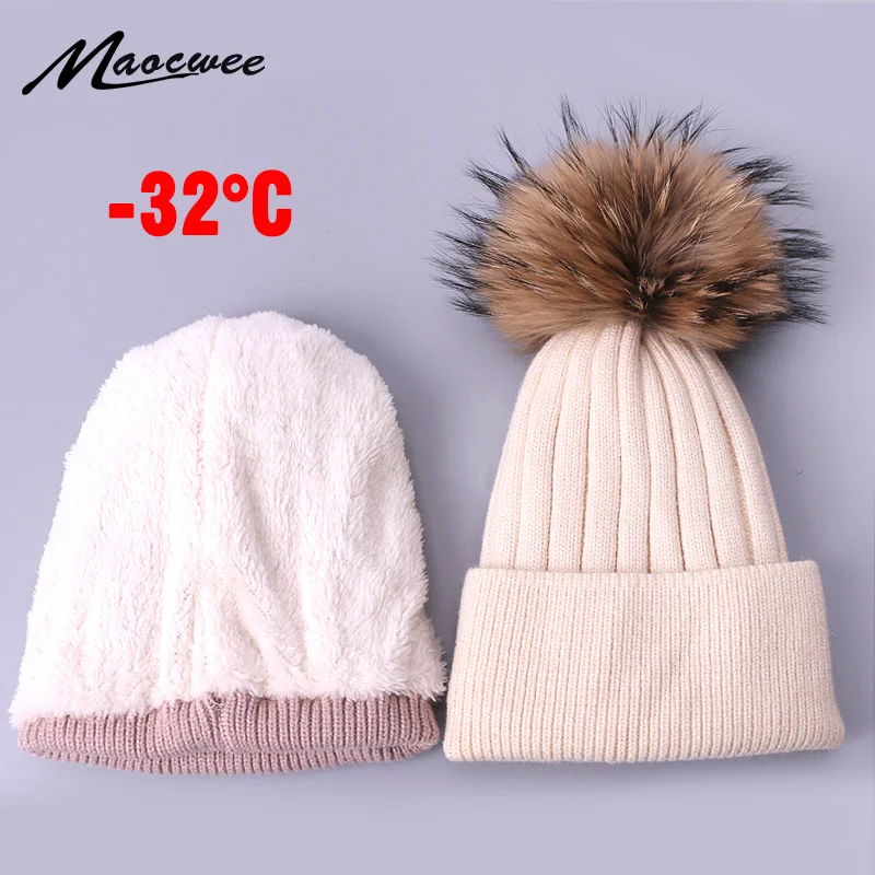 Winter Children Fleece Lined Beanie Hat With Real Fur Pompon Knitted Warm Thick Caps For Solid Color Outdoor Kids Bonnets | Аксессуары