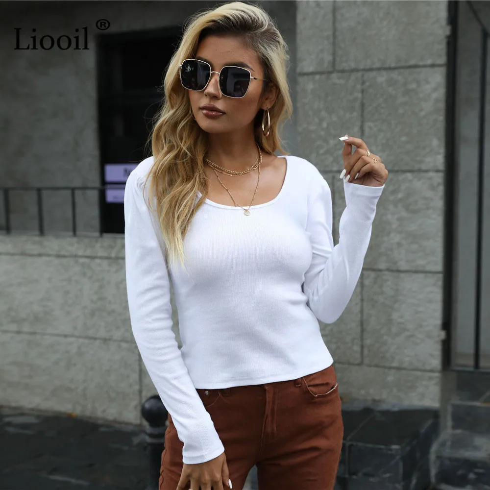 

Сексуальная короткая футболка Liooil, вязаные облегающие Топы для женщин, весна 2022, футболки с длинным рукавом и круглым вырезом в уличном стил...