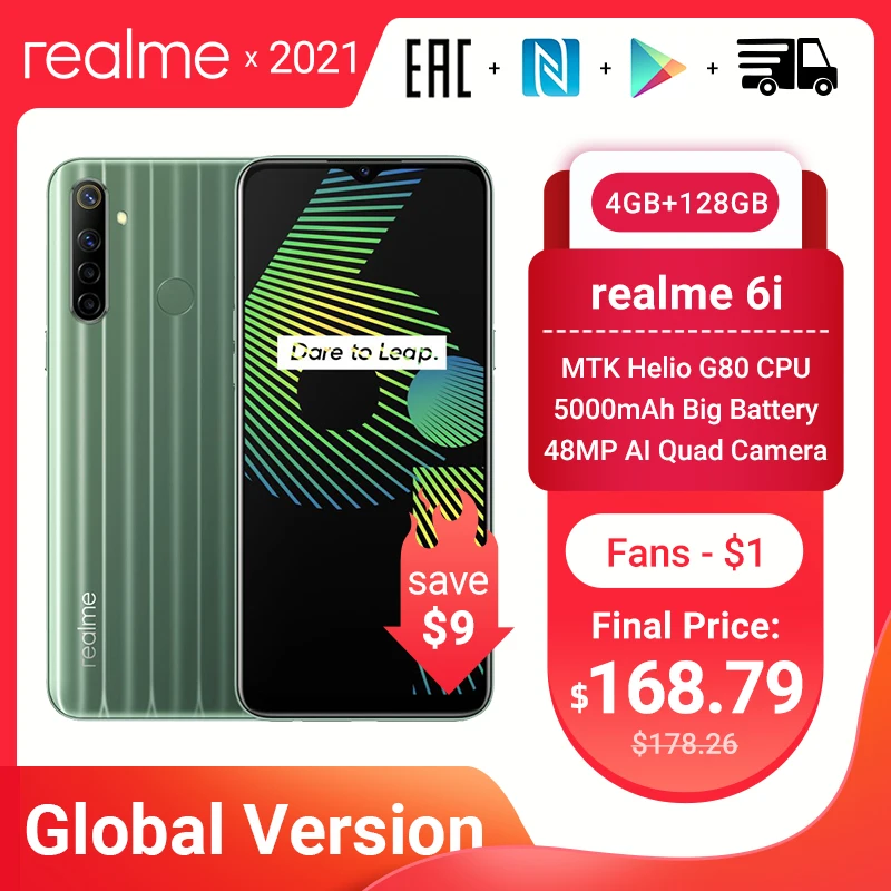 Перейти на Алиэкспресс и купить Версия Realme 6i 6 i Версия смартфона с ОЗУ 4 Гб, ПЗУ 128 ГБ, европейская вилка, MTK Helio G80 5000, дисплей Dewdrop 6,5 дюйма для мобильного телефона