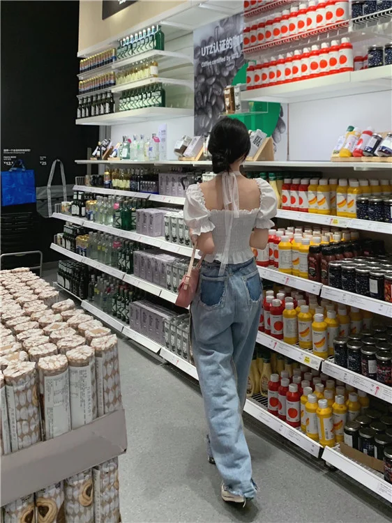 Кружевная футболка с подвесным воротником рубашка коротким рукавом пузырями