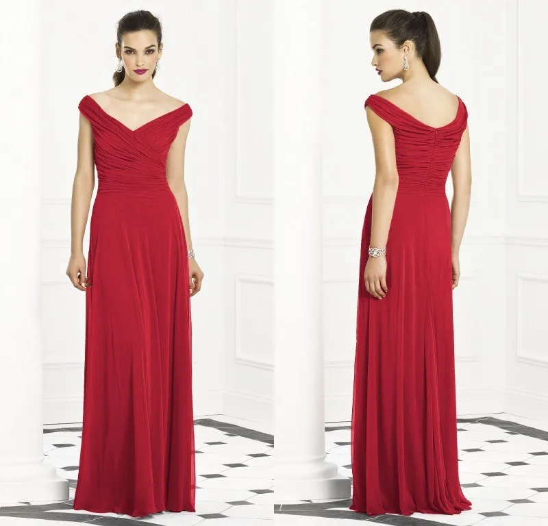 

vestido de festa Custom made beach Sexy red chiffon V-neck cap sleeves party gown exquisite custom made long bridesmaid dresses