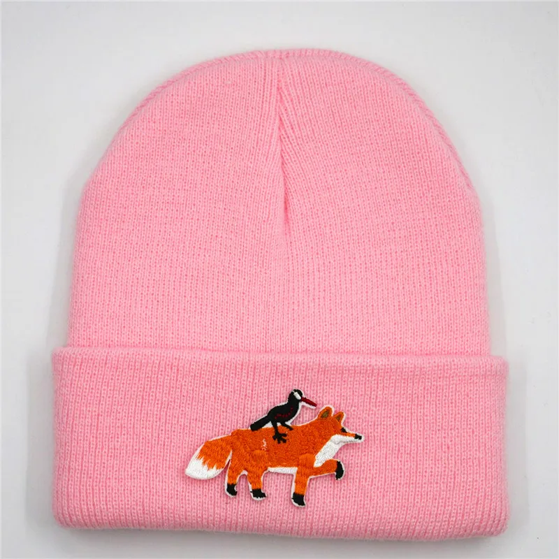 

2020 Cotton Fox Animal Embroidery Thicken Knitted Hat Winter Warm Hat Skullies Cap Beanie Hat for Men and Women 310
