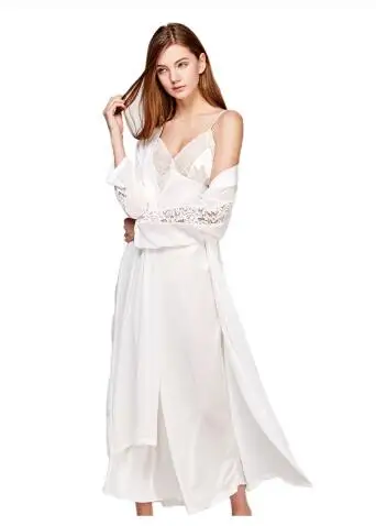 

Sexy Sling Dress Sleeping Robe Two-Piece Faux Silk Sleepwear Women Elegant Lady Lace Long-Sleeve Nightgowns Bathrobes T0008