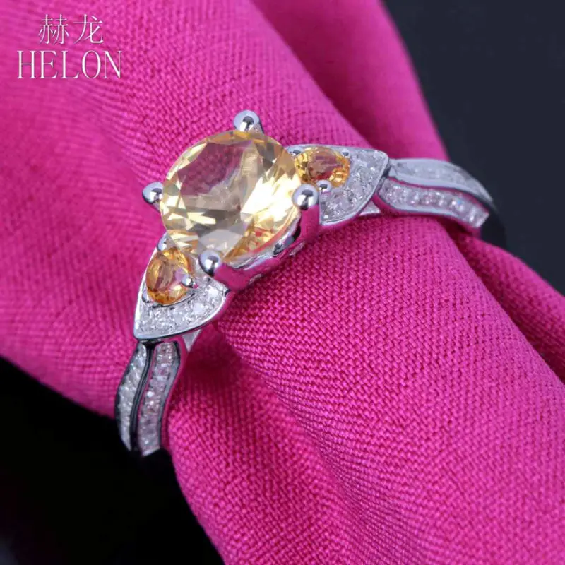 

HELON Solid 10K White Gold Flawless Round 0.93ct Natural Citrine & Diamond Gemstone Ring Engagement Wedding Women Trendy Jewelry