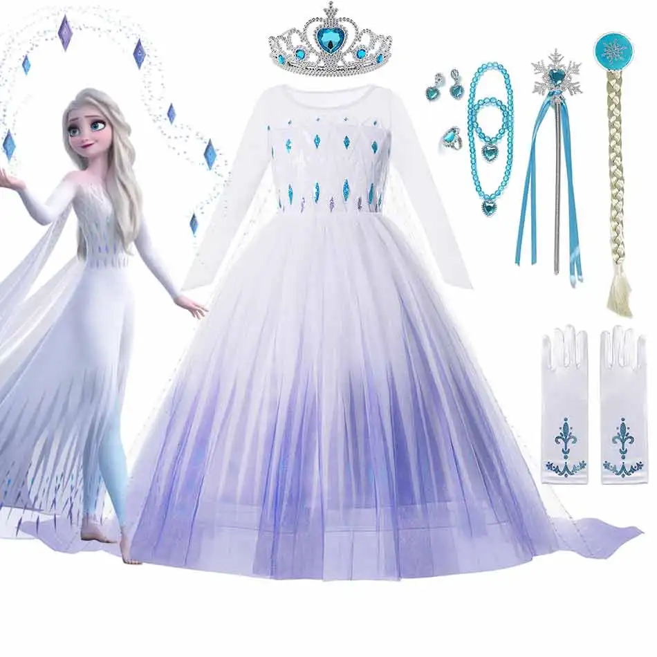 2022 Disney Frozen 2 Costume for Girls Princess Elsa Dress White Ball Gown Birthday Kids Snow Queen Cosplay Carnival Clothing