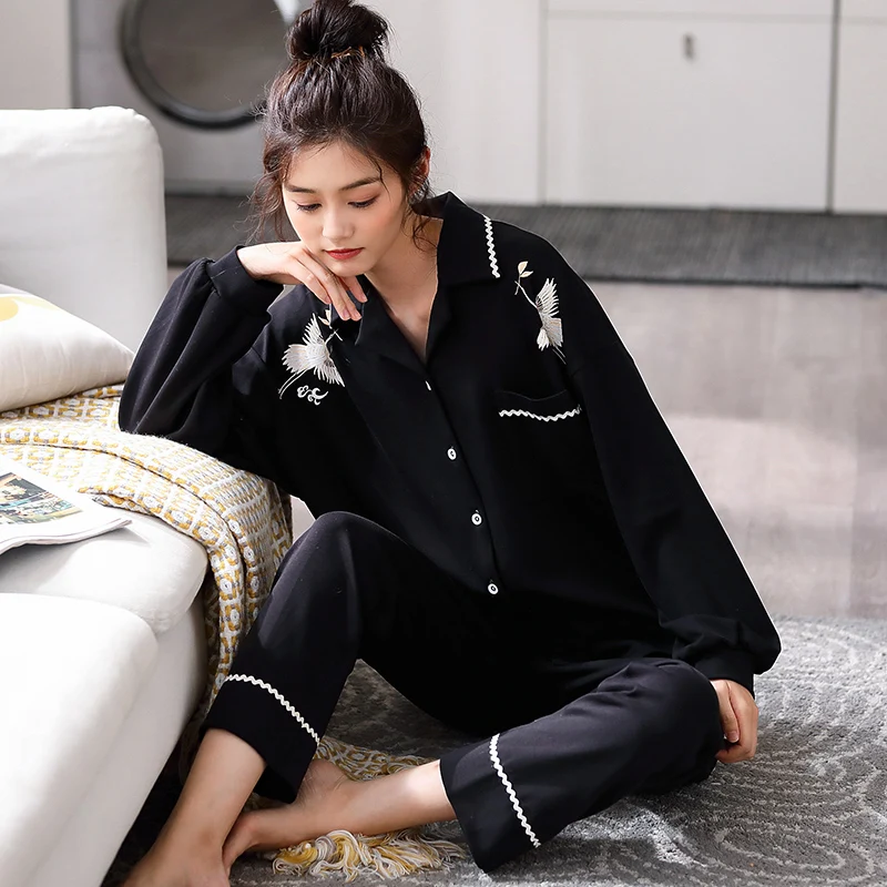 

Новый осенний вязаный хлопковый женский пижамный комплект с длинным рукавом и отложным воротником кардиган свободная мягкая женская домашняя одежда