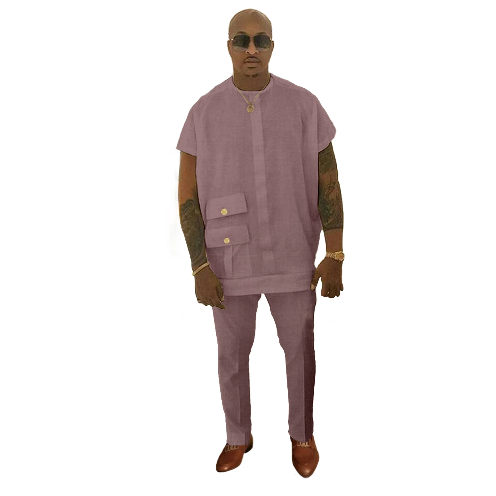 African Clothes for Men Dashiki Round Collar Attire Short Sleeve Men Set with Pants Two-piece AFLIONE v2116046