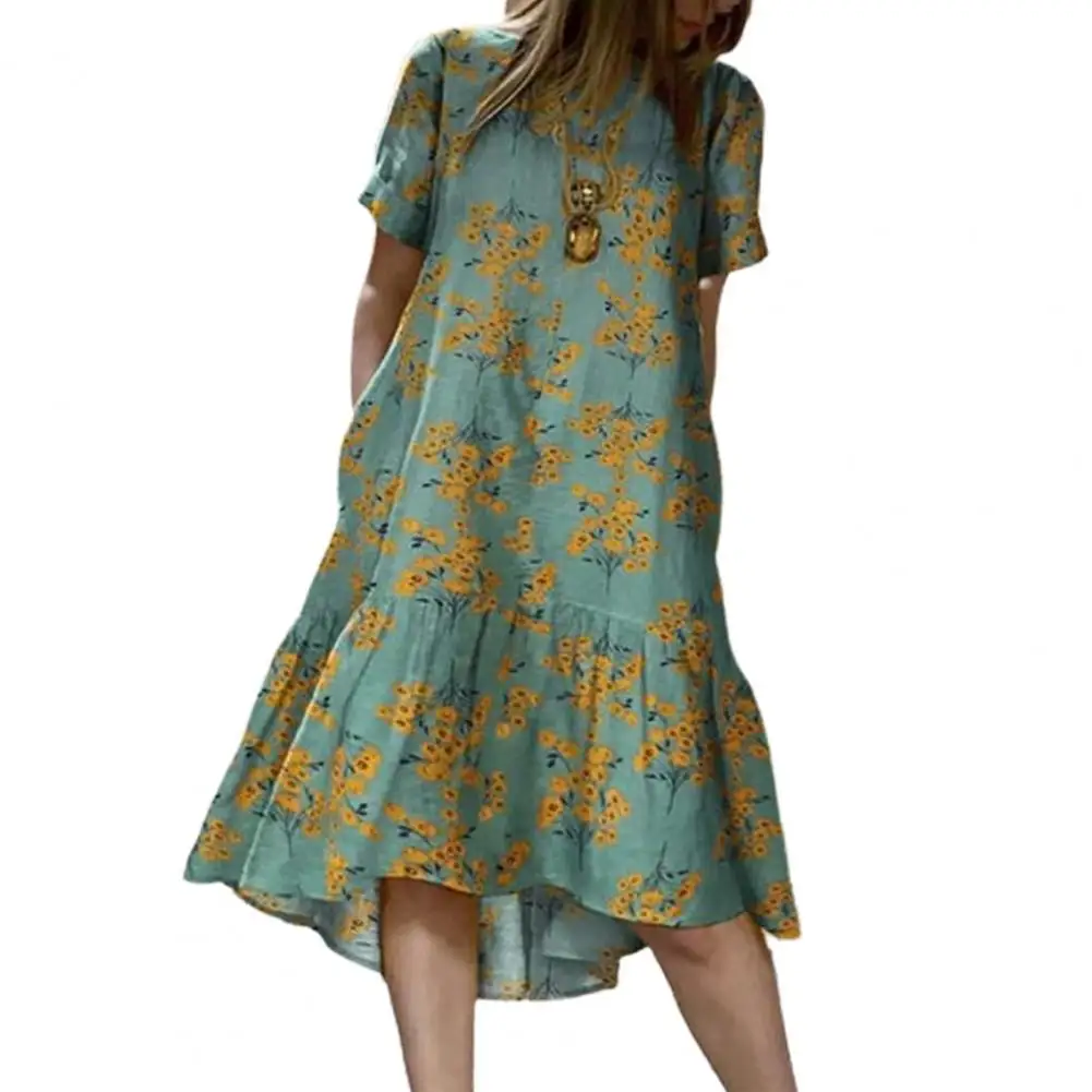 

Женское летнее платье-миди с коротким рукавом и оборками, Пляжное платье с цветочным принтом, приятное для кожи платье с оборками на Подоле ...