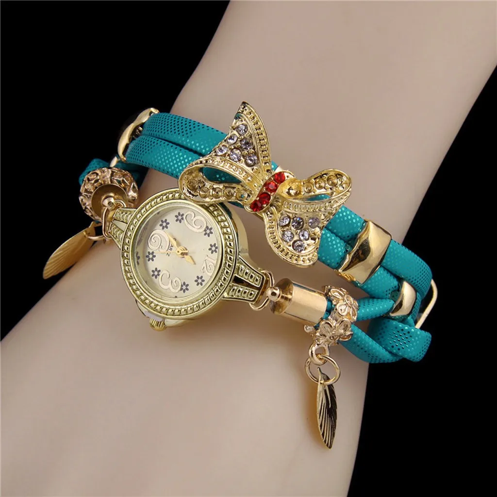 

Butterfly Retro Rhinestone Bracelet Women Watches casual round dial PU Strap Quartz Watches ladies vintage gold Wristwatches