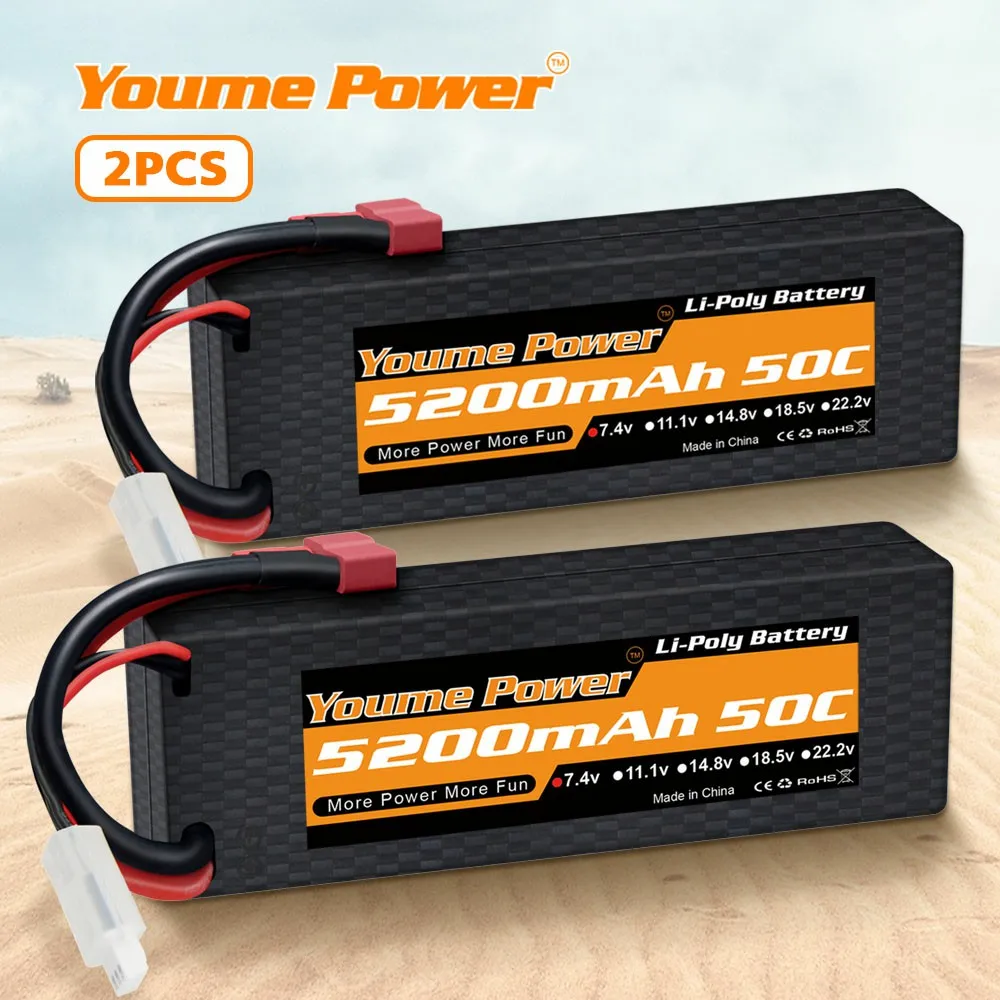 

2PCS Youme 2S Lipo Battery 7.4V 5200mah 50C Deans T XT60 EC3 Deans Hard Case For RC Car FPV Drone Helicopter Airplane Boat Truck