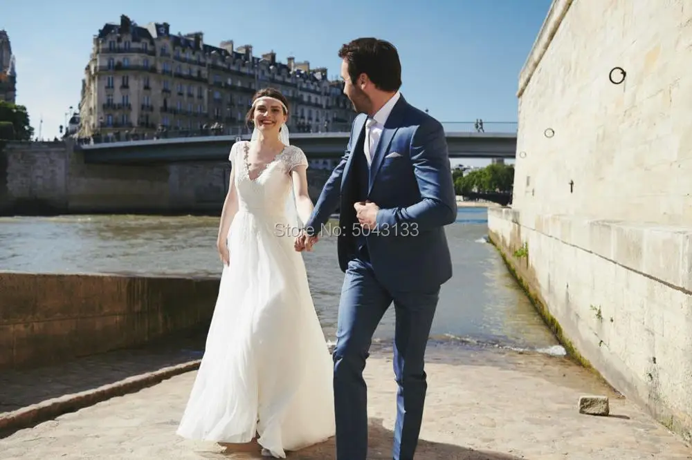 Кружевное свадебное платье в стиле бохо с коротким рукавом и V образным вырезом а