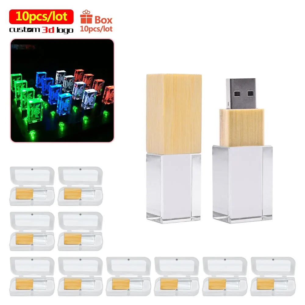

10pcs/lot free LOGO transparent glass pendrive usb 2.0 4GB 8GB 16GB 32GB 64GB USB flash drive photography gift with LED light