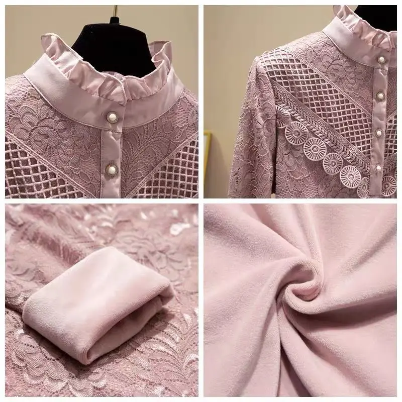 

2021 Autumn Newest Women Lace Patchwork Long Sleeve Shirts Sexy OL Solid Vintage Jacquard Loose Lapel Blouse Shirt Tops Y72