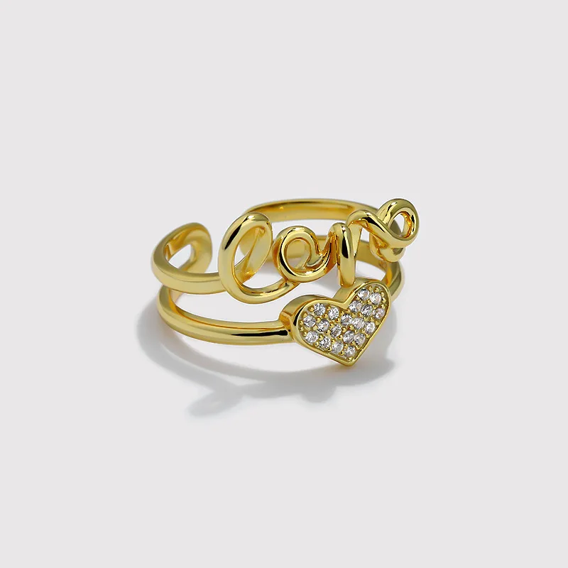 

RAINBOW HOOP Zircon Love Heart Ring 100% 925 Sterling Silver Vintage Letter Plating Gold Open Adjustable Women Fine Jewelry