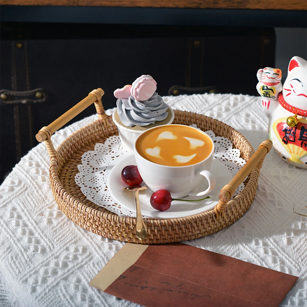 

Round Rattan Storage Tray Hand-Woven Wicker Basket With Handle For Bread Fruit Food Breakfast Display Storage Baskets