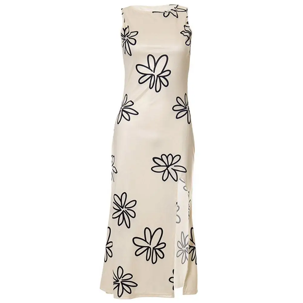 

Daisy Print Knitted Beach Dress Women 2021 Summer Split Dresses Party O-Neck Bodycon Sleeveless Sundress Elegant Sexy Backl Y5U9