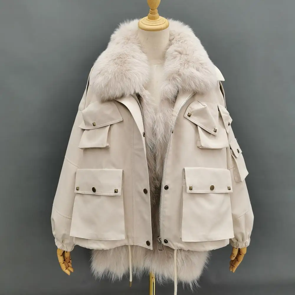 

Janefur Women Fur Parka Winter Reversible Thick Jacket Detachable Fox Fur Lined Coat Oversize