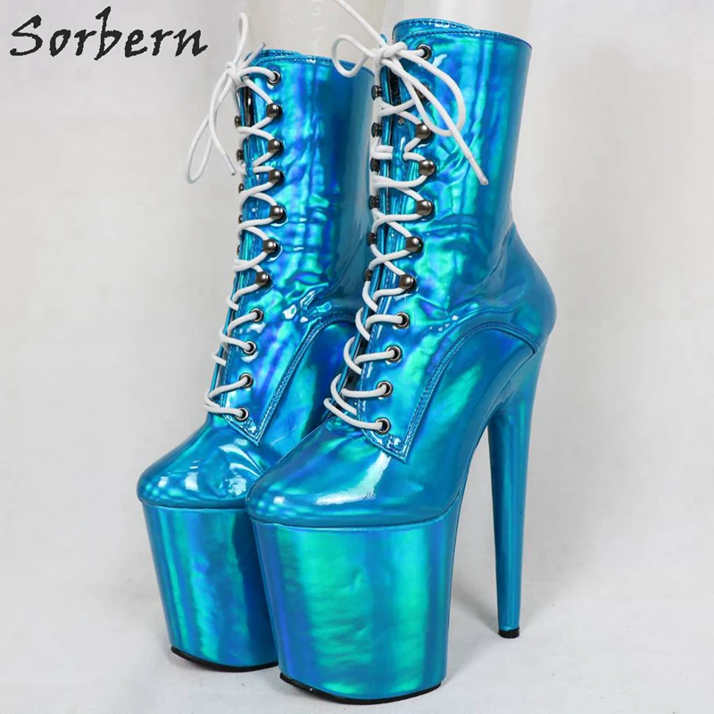Blue Holo Sorbern серый металлик для женщин для танцев на шесте 20 см 8 дюймов экстремальные каблуки коварная обувь экзотические танцовщицы каблуки сапоги для женщин цвет на заказ - Цвет: Blue Holo
