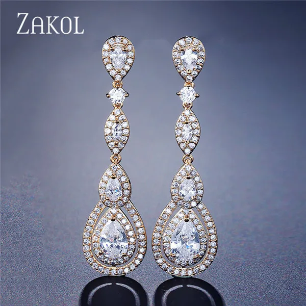Gold Color ZAKOL Роскошные висячие серьги с кубическим цирконием, длинные висячие элегантные серьги для женщин, свадебные ювелирные изделия FSEP2114 - Окраска металла: Gold Color