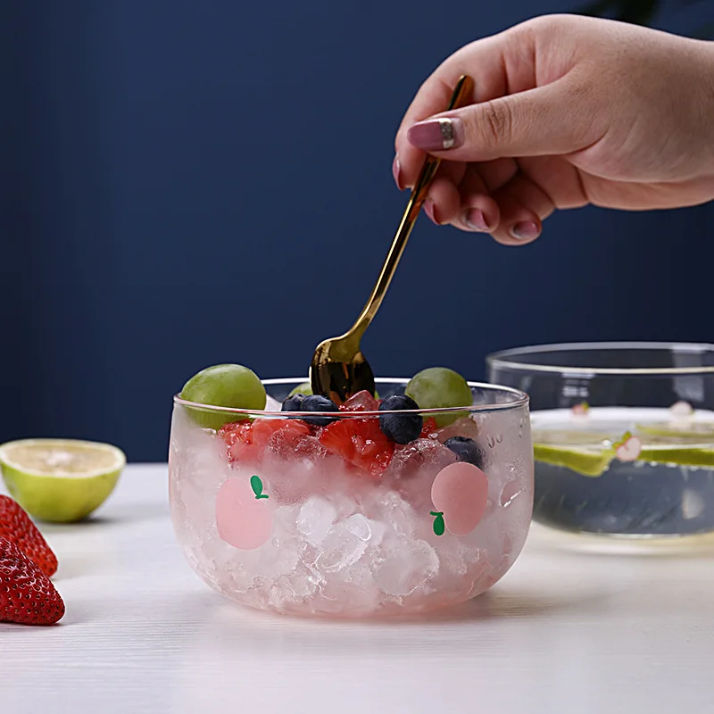 

Girl Heart Strawberry Dessert Bowl Household Transparent Heat-resistant Glass Salad Bowl Single Oatmeal Bowl Cute Fruit Bowls