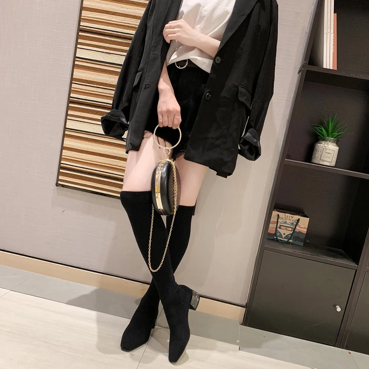 Женские высокие сапоги выше колена модная блестящая зимняя обувь на каблуке с