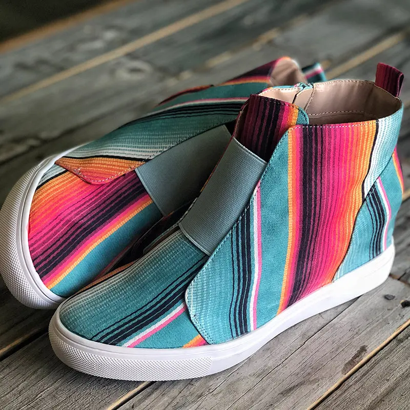 

2020 Autumn Shoes For Women Comfortable Casual Shoes With Increased Inner Mixed Color Stripes Fashion Zipper Shoes Large Size