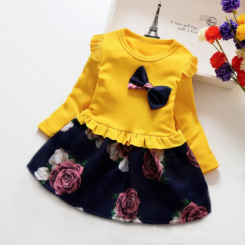 

Girls Dress New Autumn Round Collar Long Sleeve Floarl Printed Patchwork Princess Party Dress Infant Clothes For 0-3Y