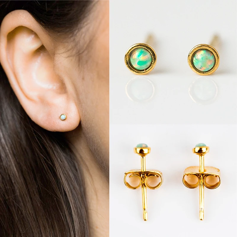 Женские серьги гвоздики из серебра 925 пробы с круглым опалом|Серьги-гвоздики| |